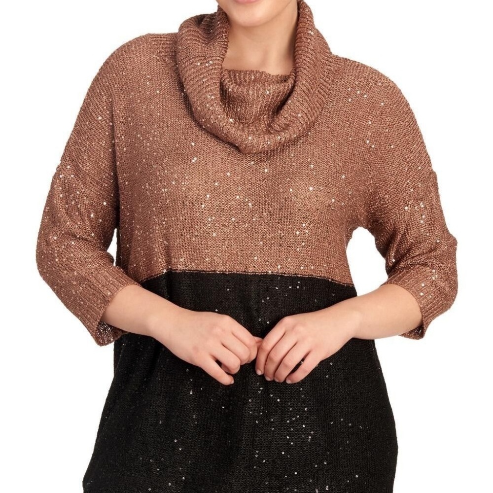 Women's Plus Size Lurex Two-Tone Cowl Neck Sweater